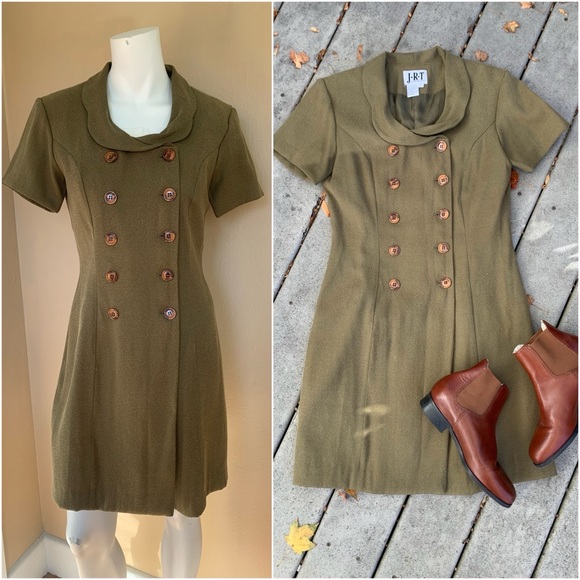 Vintage Dresses & Skirts - Vintage Olive Double-Breasted Mini Dress | 90’s Short Sleeve Button Front Dress